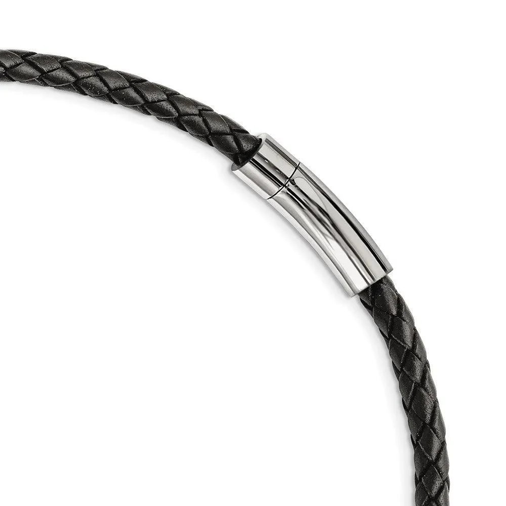 Stainless Steel Black Leather w/Antiqued Beads Necklace