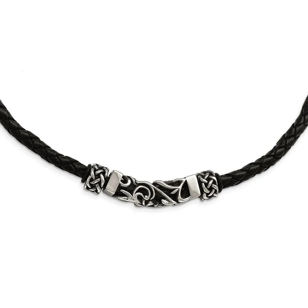 Stainless Steel Black Leather w/Antiqued Beads Necklace