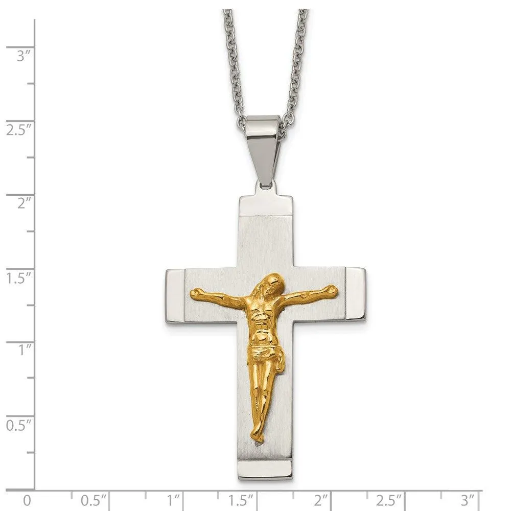 Stainless Steel Brushed, Polished Yellow IP-plated Crucifix Necklace