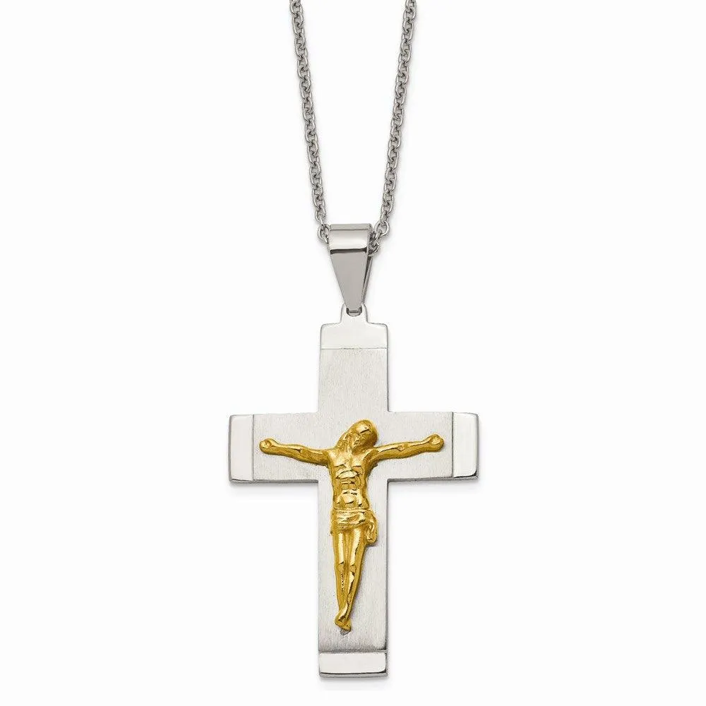 Stainless Steel Brushed, Polished Yellow IP-plated Crucifix Necklace