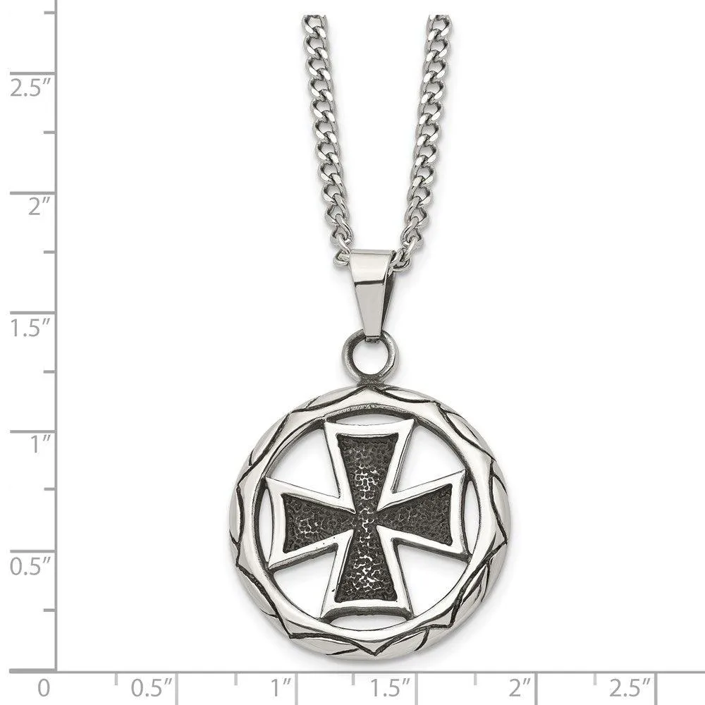 Stainless Steel Polished & Antiqued Cross in Circle 22in Necklace
