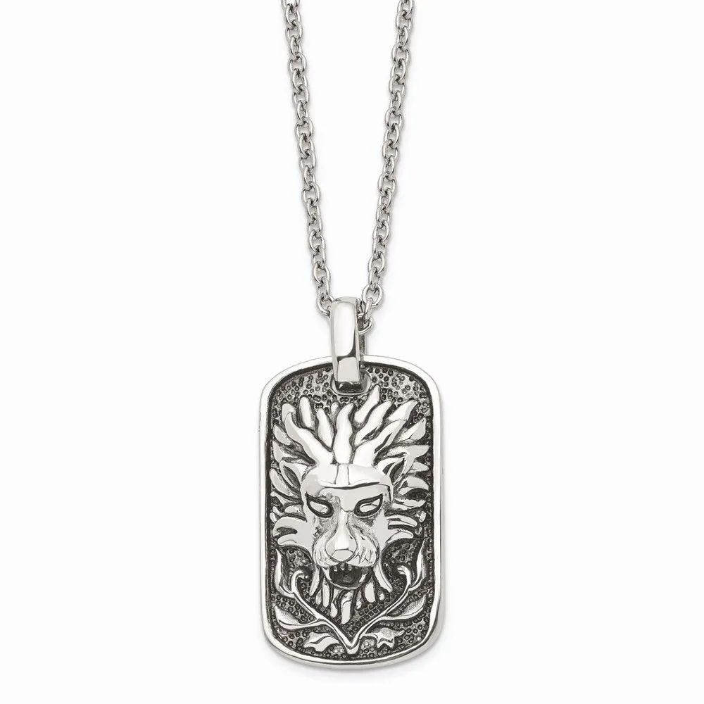 Stainless Steel Polished and Antiqued Lion Dog Tag Necklace