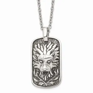 Stainless Steel Polished and Antiqued Lion Dog Tag Necklace