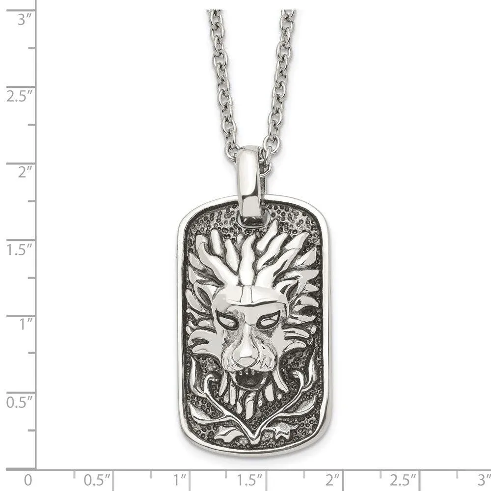 Stainless Steel Polished and Antiqued Lion Dog Tag Necklace