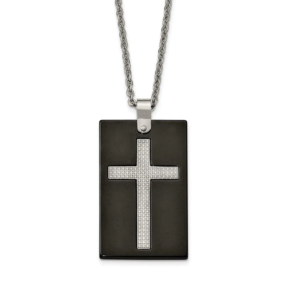 Stainless Steel Polished Black Ceramic CZ Cross Necklace