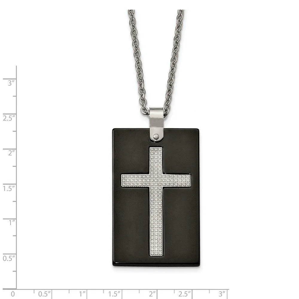 Stainless Steel Polished Black Ceramic CZ Cross Necklace
