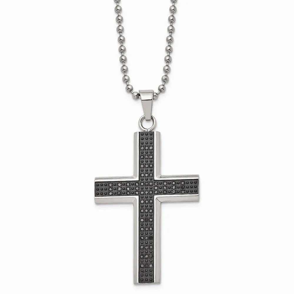 Stainless Steel Polished Black Rhodium Black Diamond Cross Necklace
