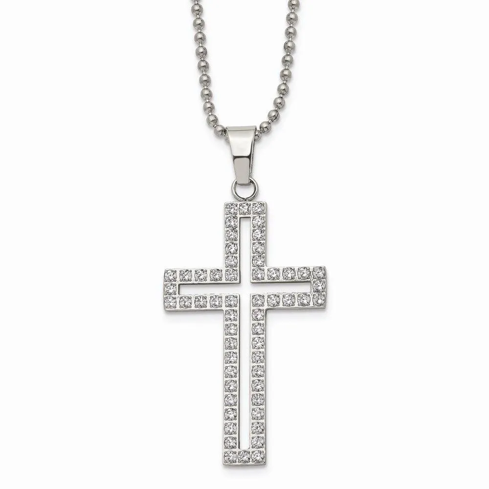 Stainless Steel Polished CZ Cross Necklace