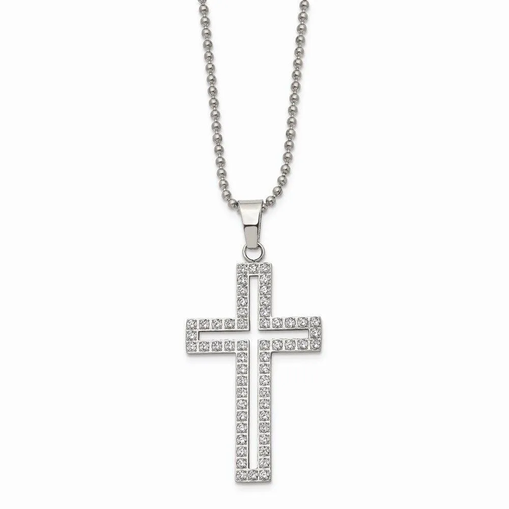 Stainless Steel Polished CZ Cross Necklace