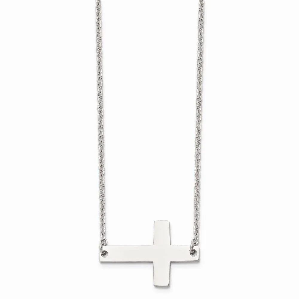 Stainless Steel Polished Sideways Cross Necklace