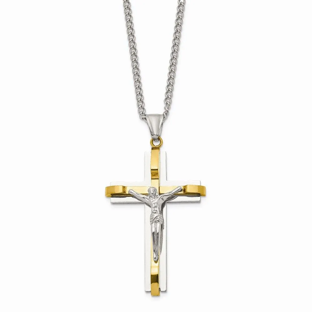 Stainless Steel Polished Yellow IP Crucifix Necklace