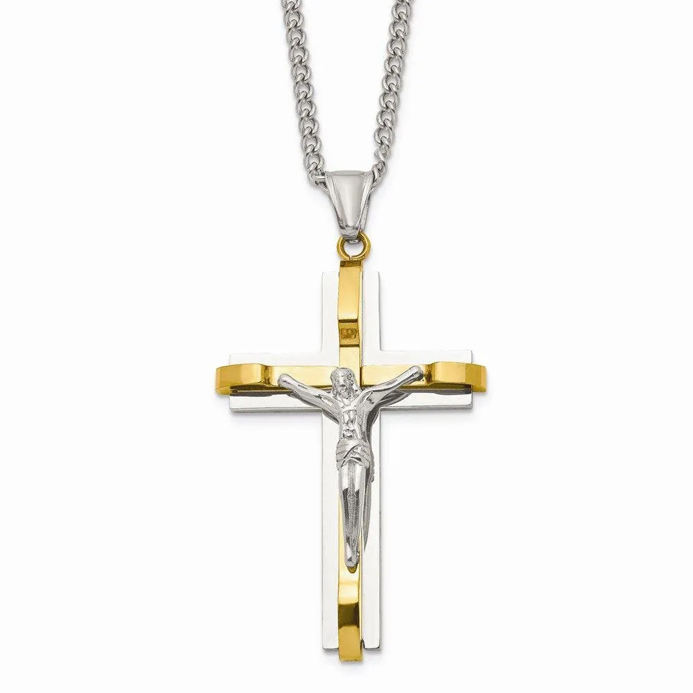 Stainless Steel Polished Yellow IP Crucifix Necklace