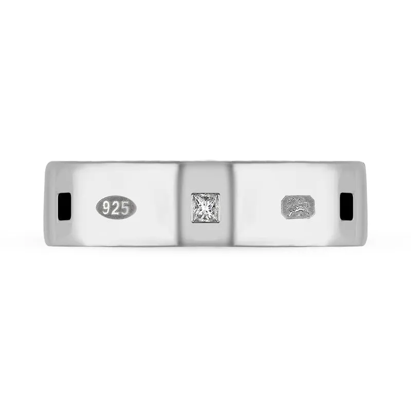 Sterling Silver Whitby Jet 0.18ct Diamond Queen's Jubilee Hallmark Princess Cut 6mm Ring D