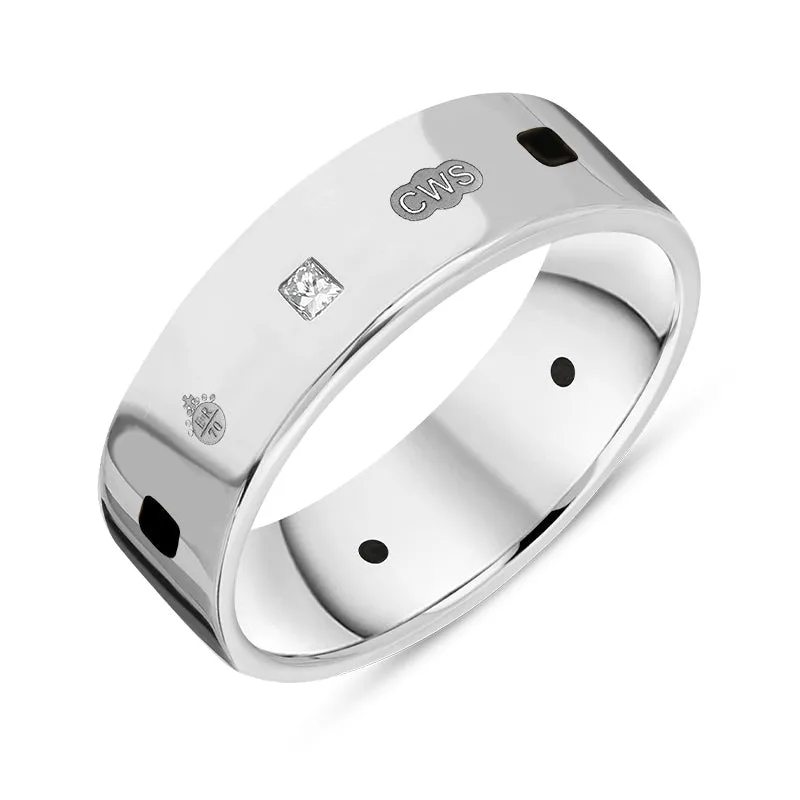 Sterling Silver Whitby Jet 0.18ct Diamond Queen's Jubilee Hallmark Princess Cut 6mm Ring D