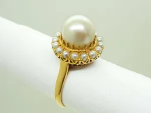 Tasaki Akoya Pearl & Seed Pearl Halo Filigree Ring 18k Gold Size 4.75