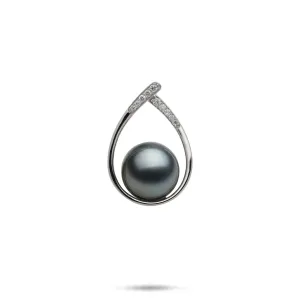 Teardrop Tahitian Black Pearl Pendant in White Gold with Diamonds - 10-11mm