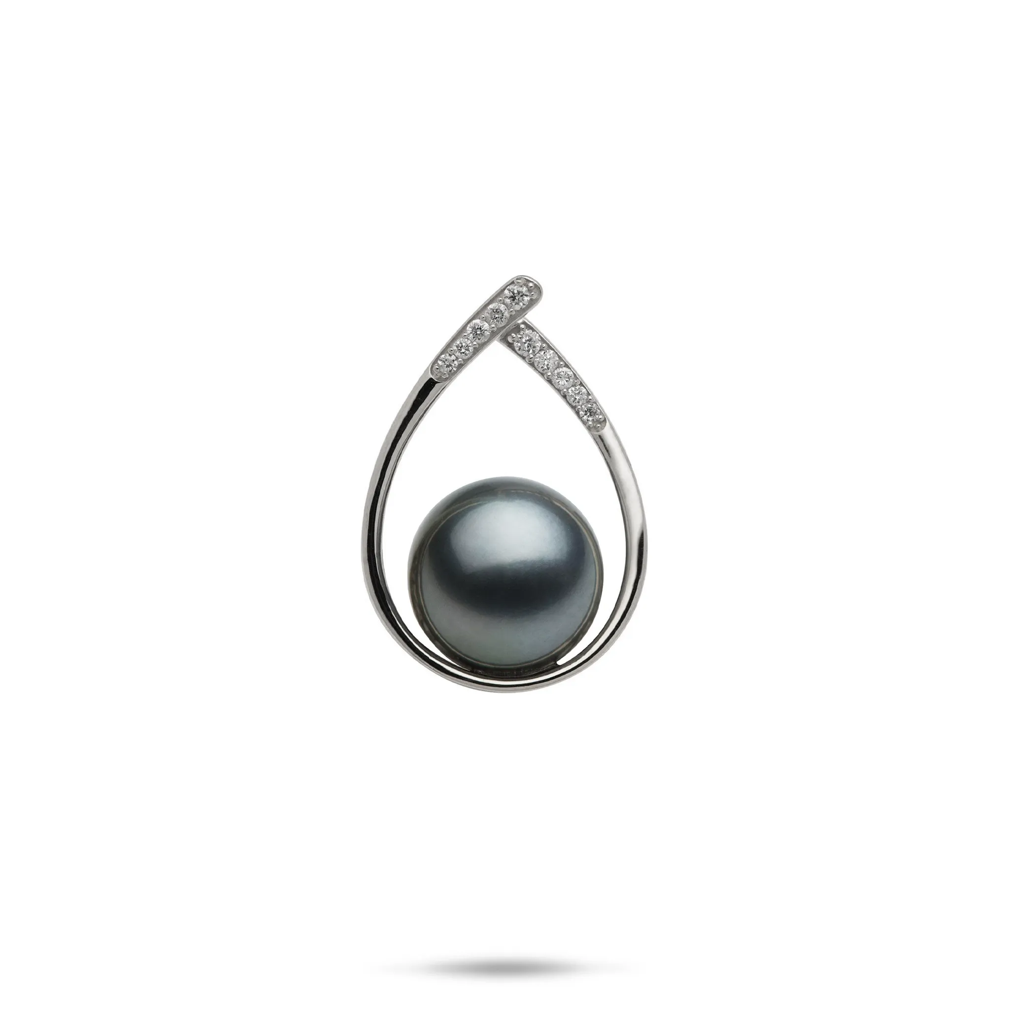 Teardrop Tahitian Black Pearl Pendant in White Gold with Diamonds - 10-11mm