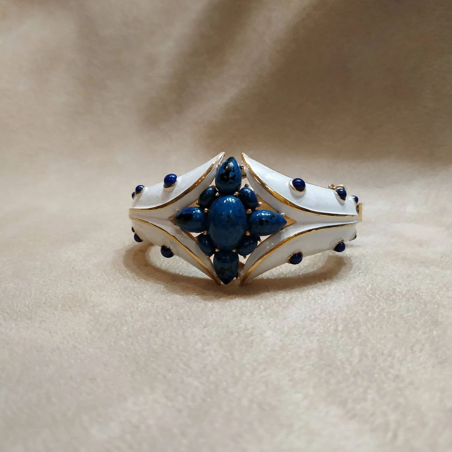 Trifari white enamel Lapis blue clamper bangle