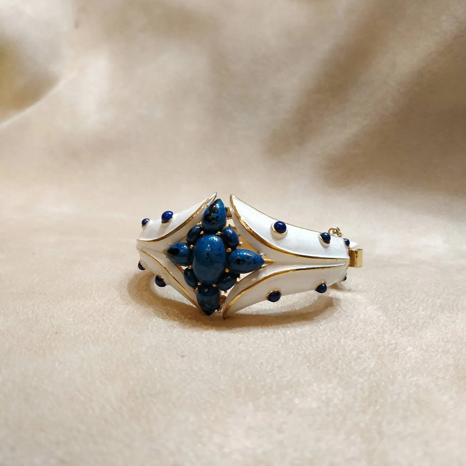 Trifari white enamel Lapis blue clamper bangle