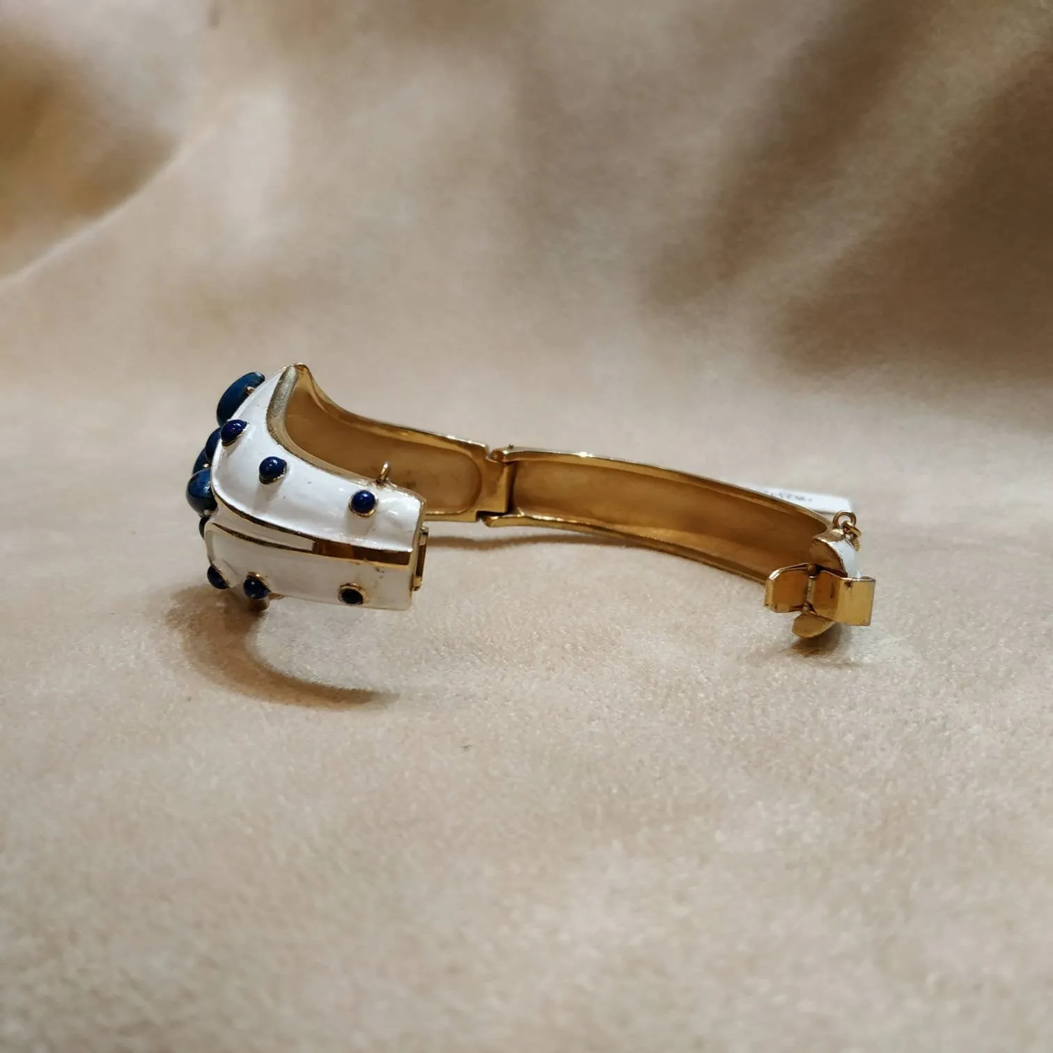 Trifari white enamel Lapis blue clamper bangle