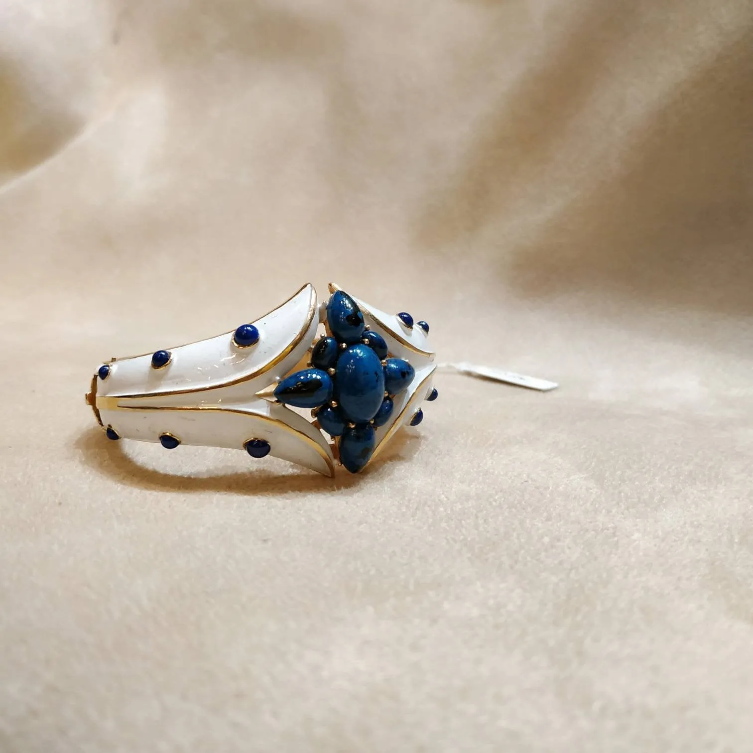Trifari white enamel Lapis blue clamper bangle