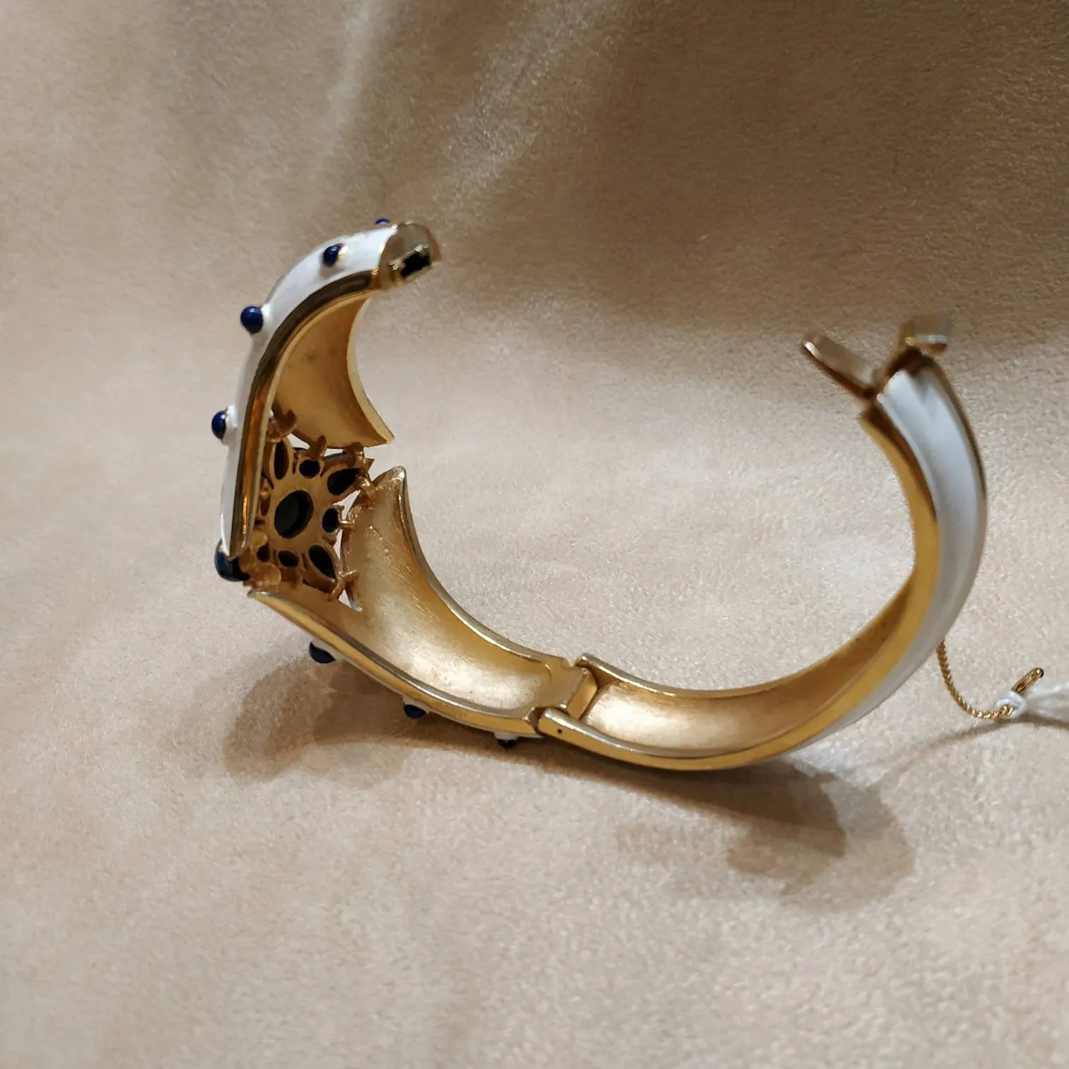 Trifari white enamel Lapis blue clamper bangle