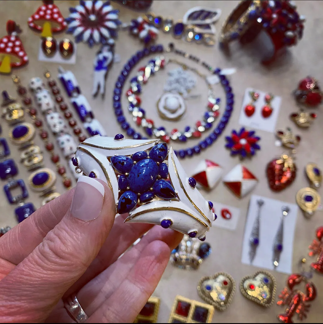 Trifari white enamel Lapis blue clamper bangle