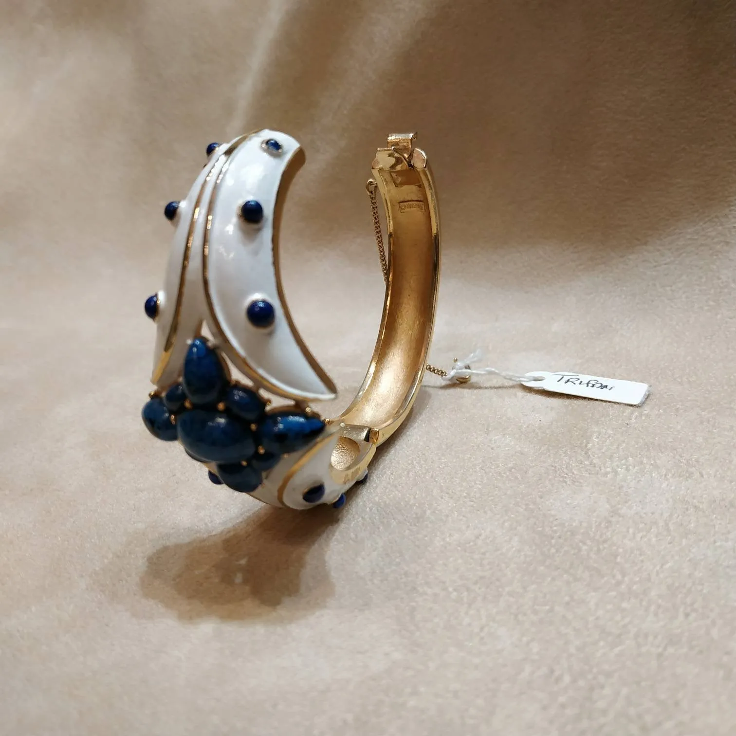 Trifari white enamel Lapis blue clamper bangle