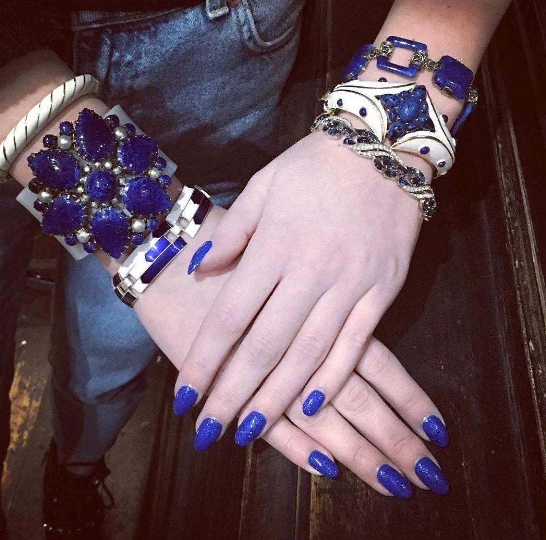 Trifari white enamel Lapis blue clamper bangle