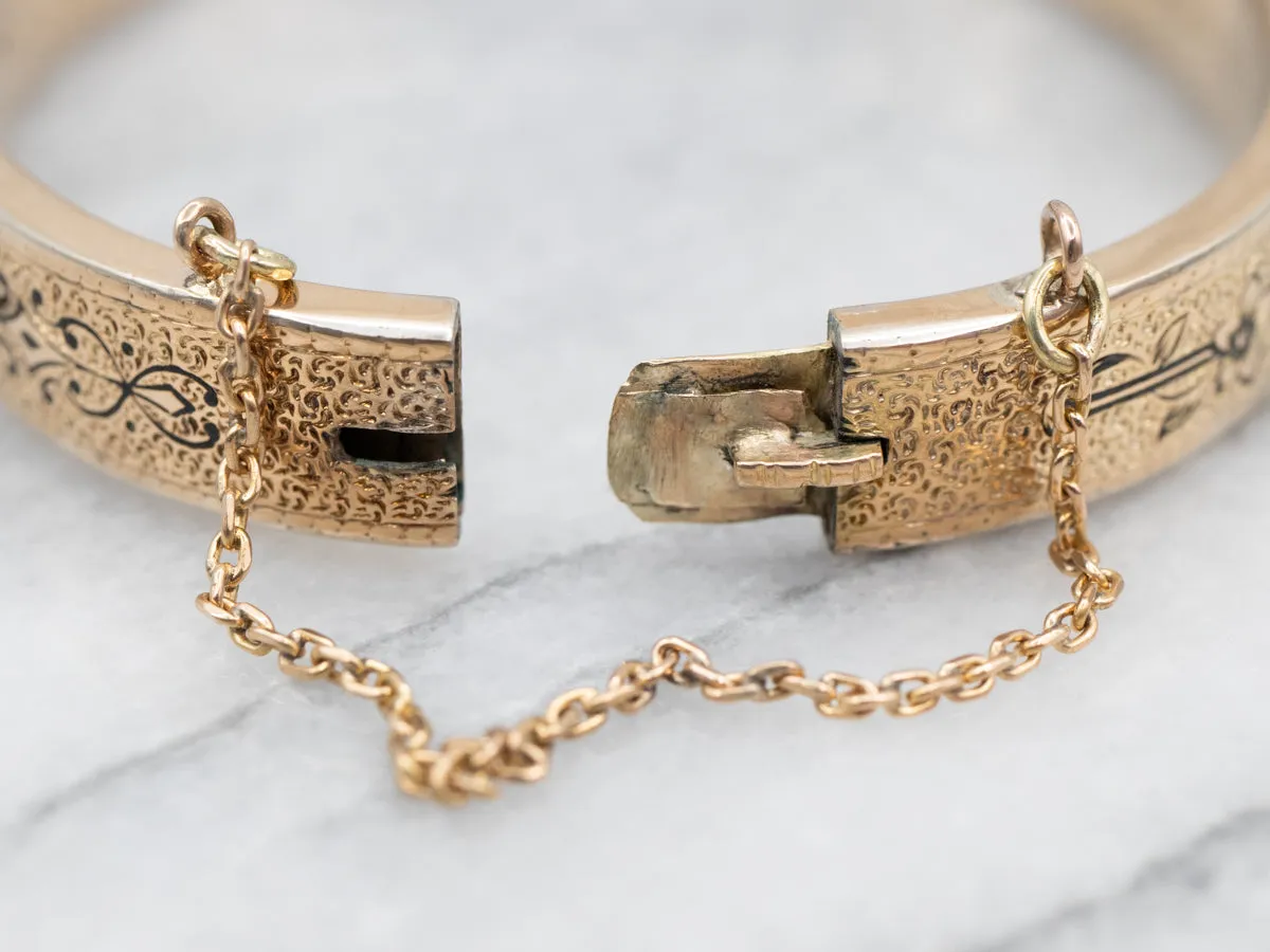 Victorian Engraved Black Enamel Hinged Bracelet with Safety Chain