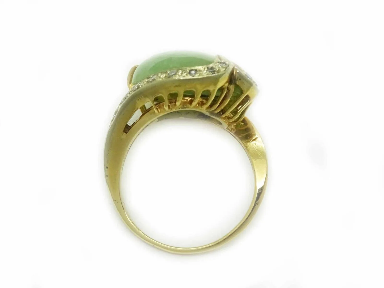 Vintage 9.65ct tw Jade & Diamond Ribbon Filigree Ring 14k Gold Size 6.5