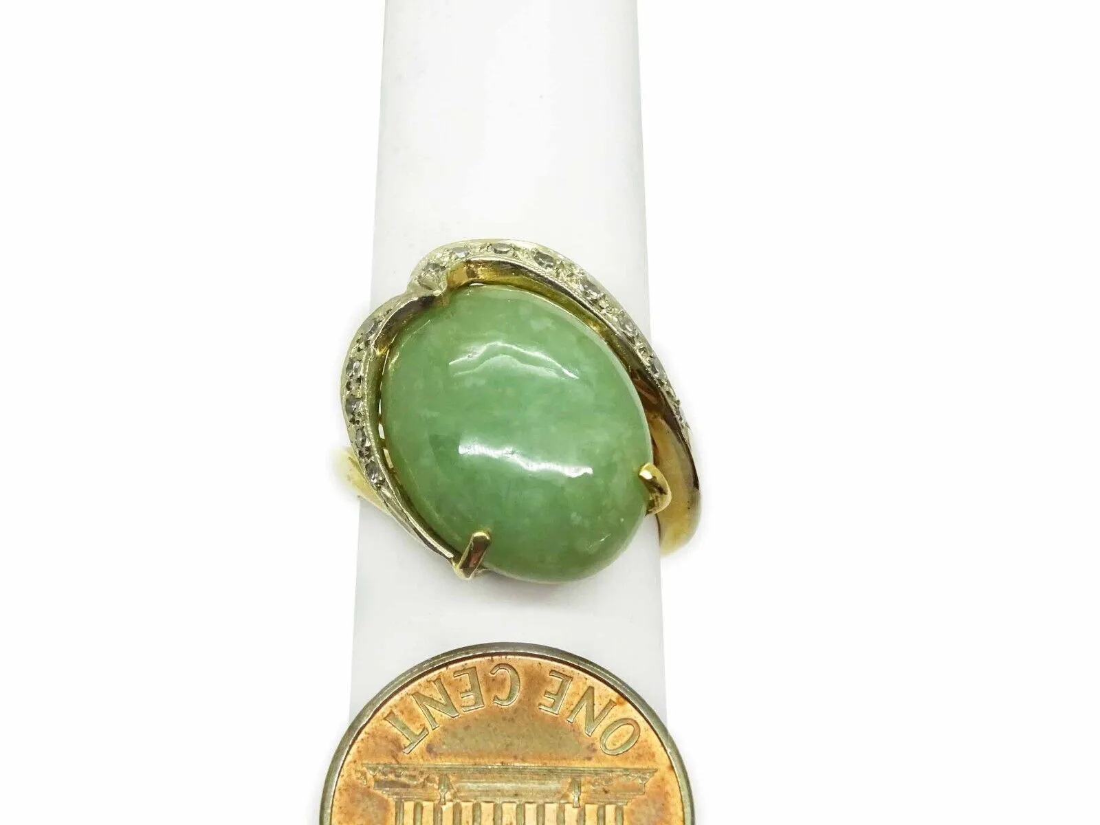 Vintage 9.65ct tw Jade & Diamond Ribbon Filigree Ring 14k Gold Size 6.5