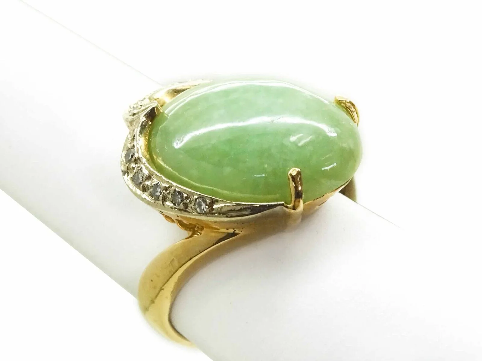 Vintage 9.65ct tw Jade & Diamond Ribbon Filigree Ring 14k Gold Size 6.5