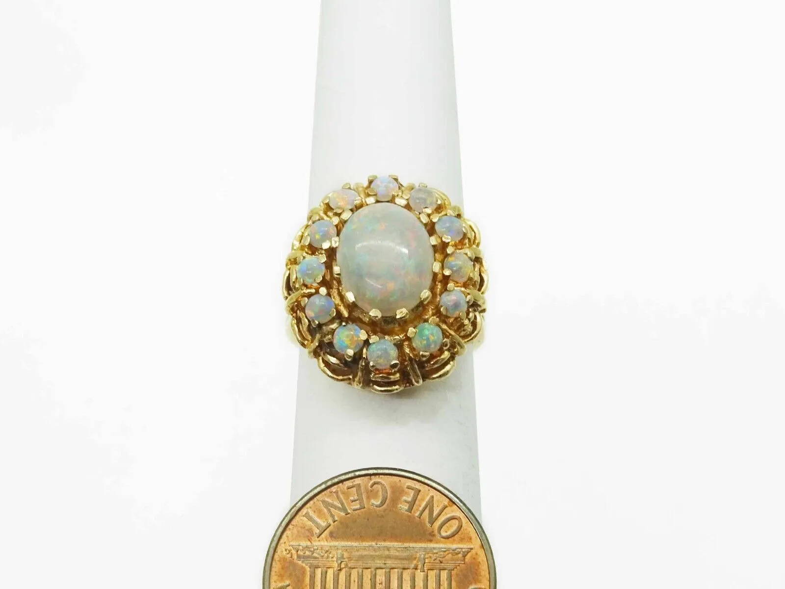 Vintage Fiery Opal Oval Cabochon Halo Ring 14k Gold Size 5.25
