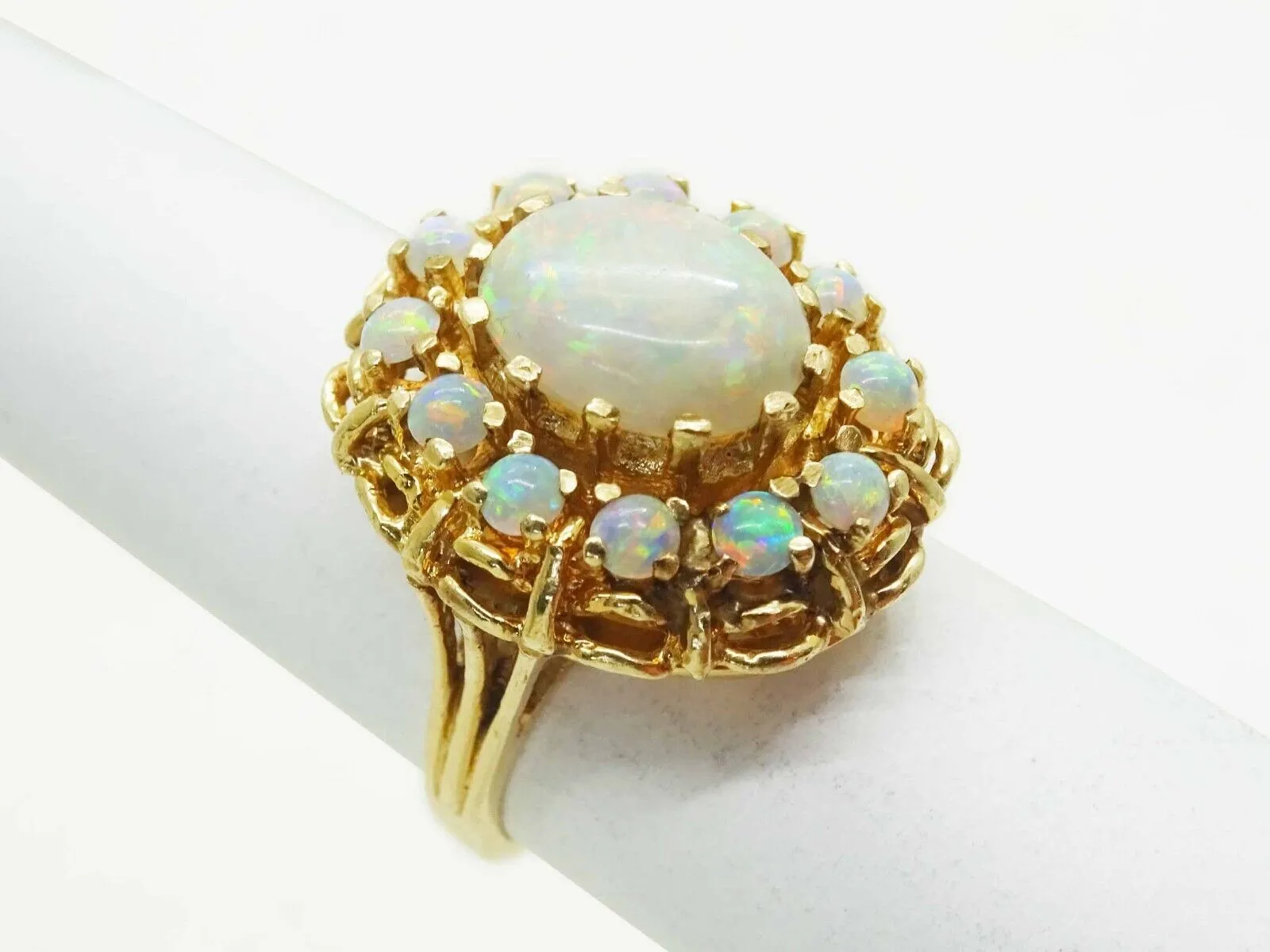 Vintage Fiery Opal Oval Cabochon Halo Ring 14k Gold Size 5.25