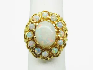 Vintage Fiery Opal Oval Cabochon Halo Ring 14k Gold Size 5.25