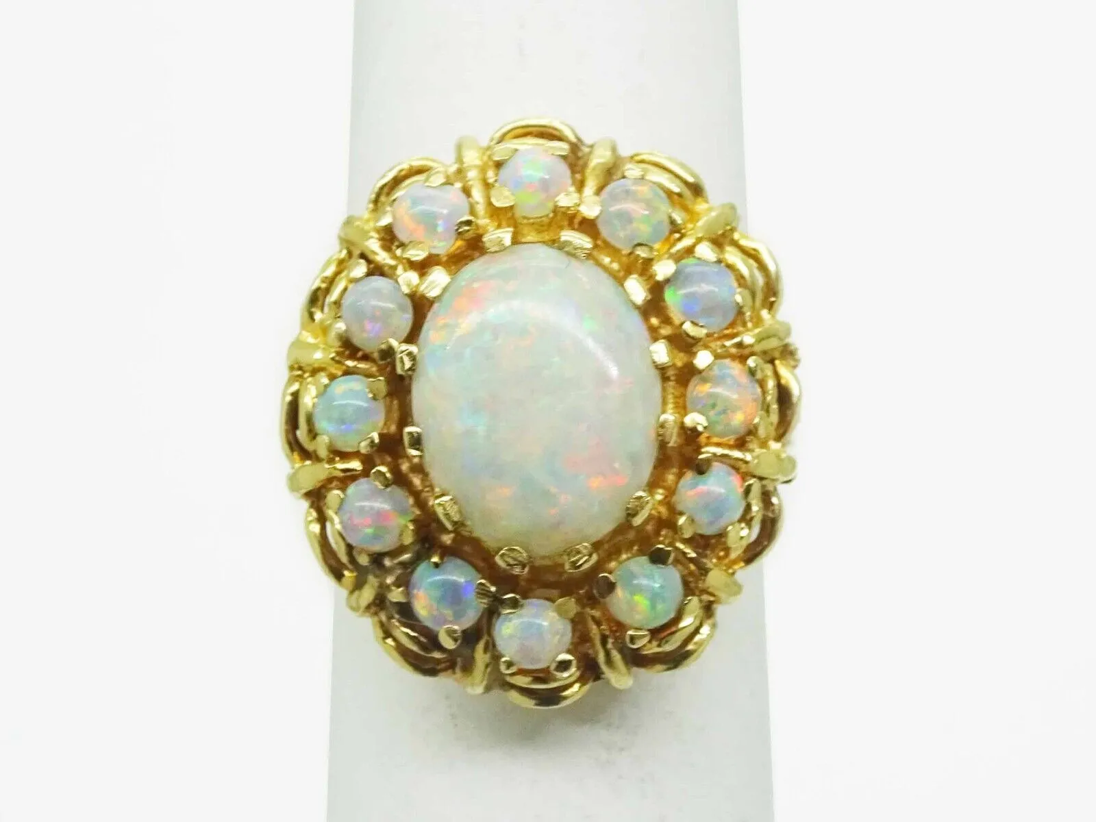 Vintage Fiery Opal Oval Cabochon Halo Ring 14k Gold Size 5.25